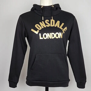 ⭐️3/ $30⭐️ Lonsdale Women's Black Pullover Hoodie Top Fleece Gold Print Size 4